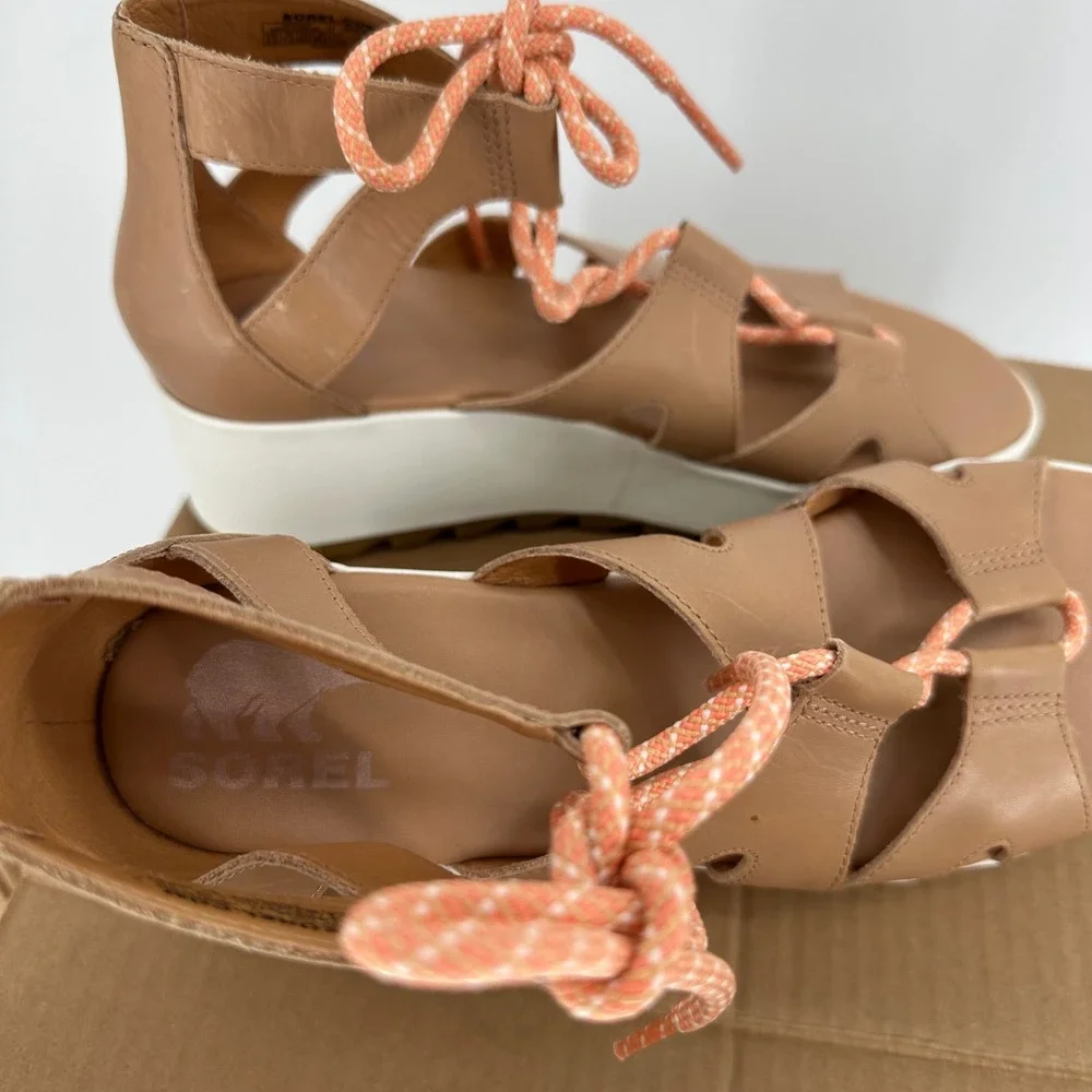 Sorel Tan Cameron Platform Lace Wedge‎ Leather Sandal Women's 9.5